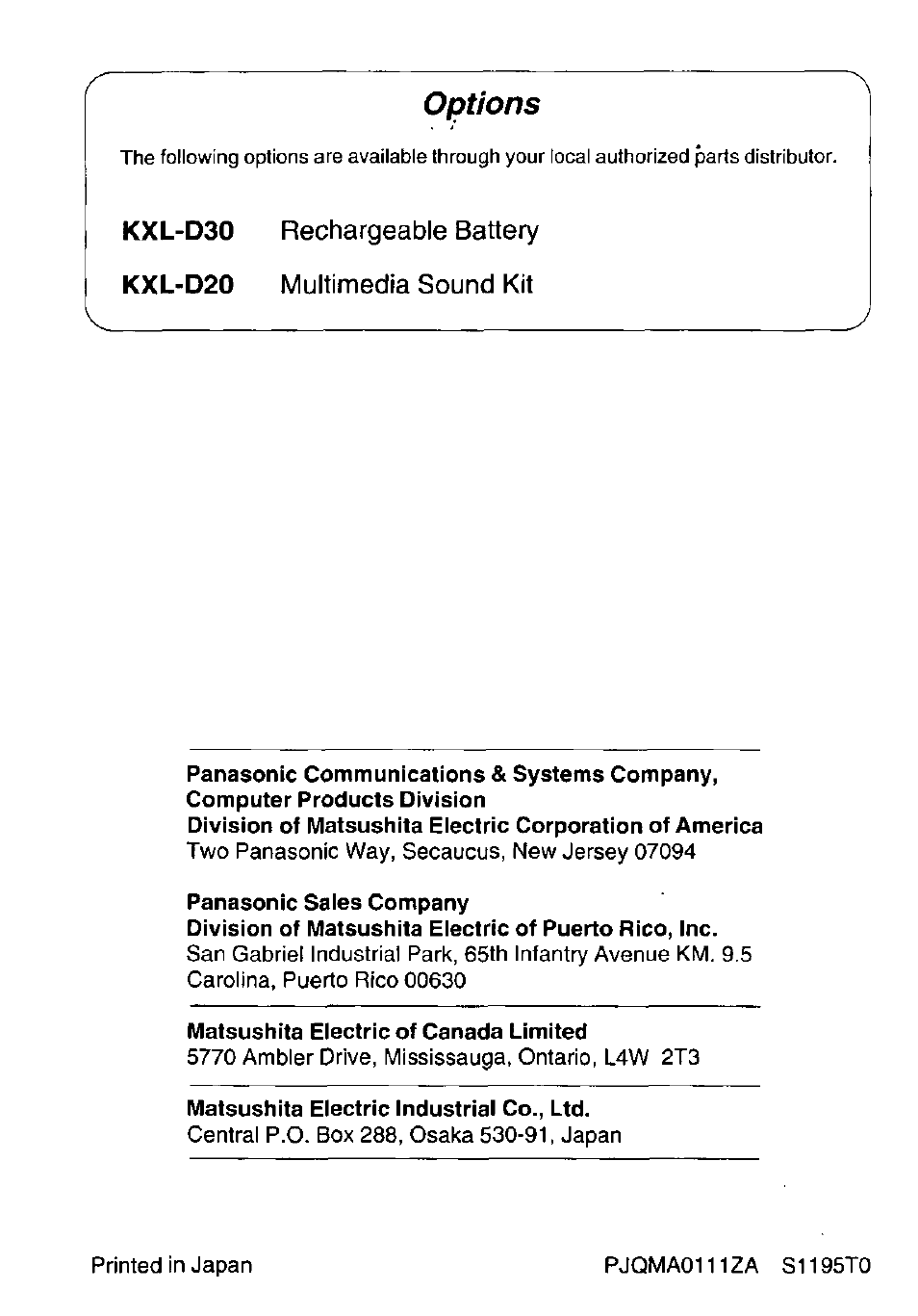 Options | Panasonic KXL-D740 User Manual | Page 40 / 40