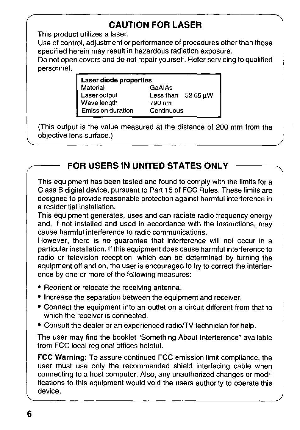 Caution for laser, For users in united states only | Panasonic KXL-D740 User Manual | Page 6 / 40