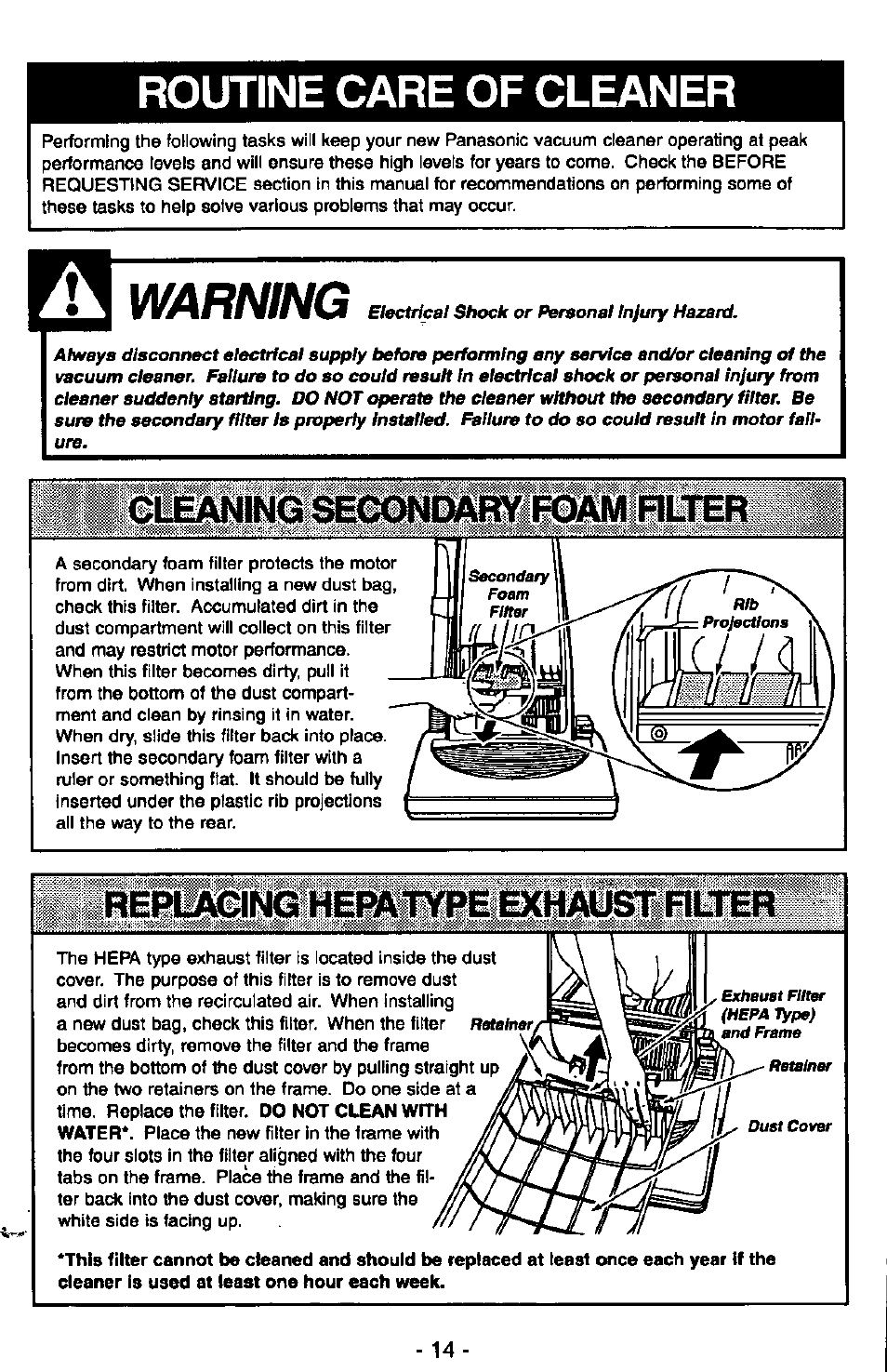 Routine care of cleaner, Warning, Cleaning secondary foam rlter | Cleaning secondary foam filter | Panasonic QUICKDRAW MC-V7377 User Manual | Page 14 / 48