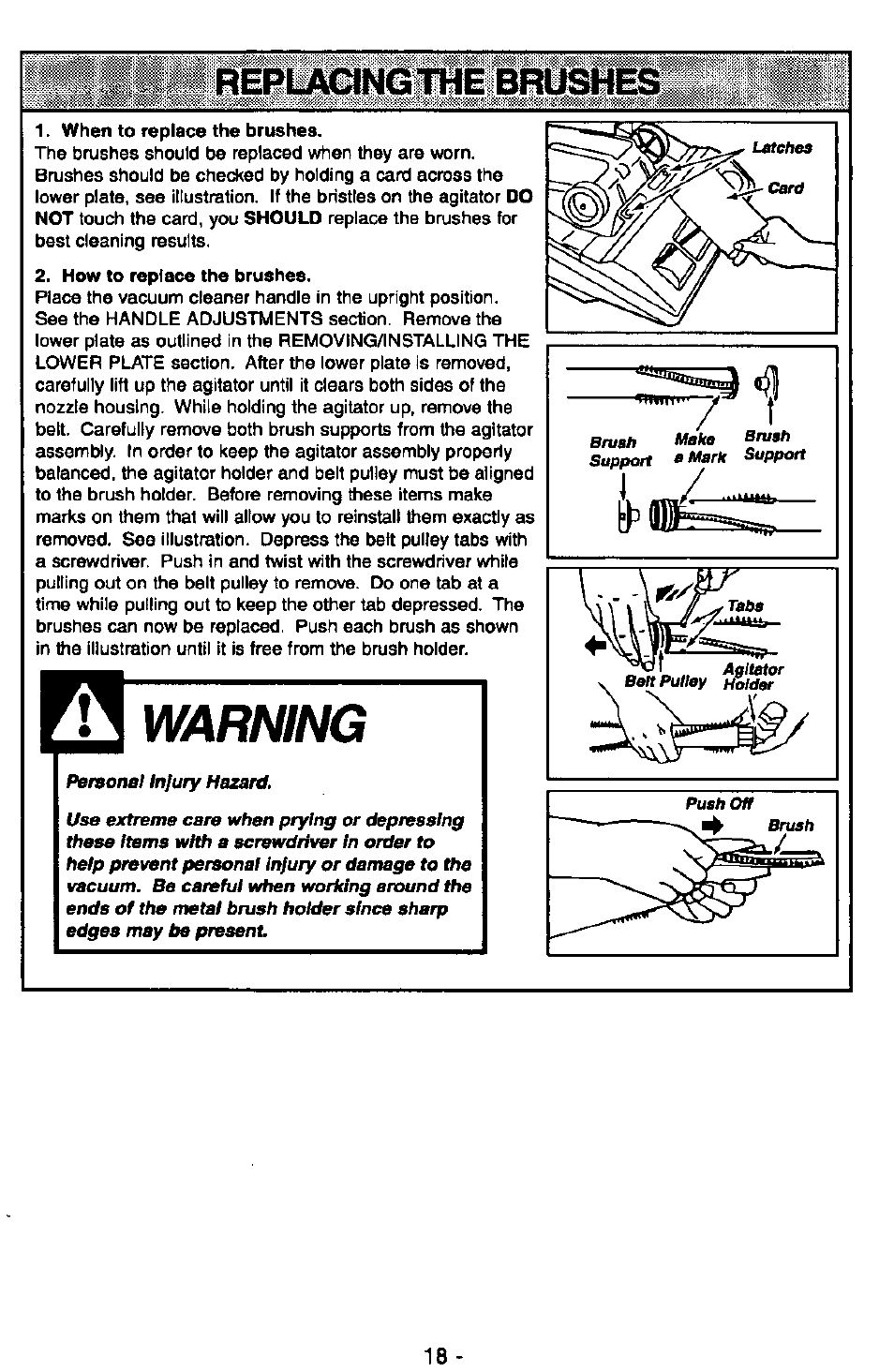 Replaangthe bl, Warning, Replacing the belt | Panasonic QUICKDRAW MC-V7377 User Manual | Page 18 / 48