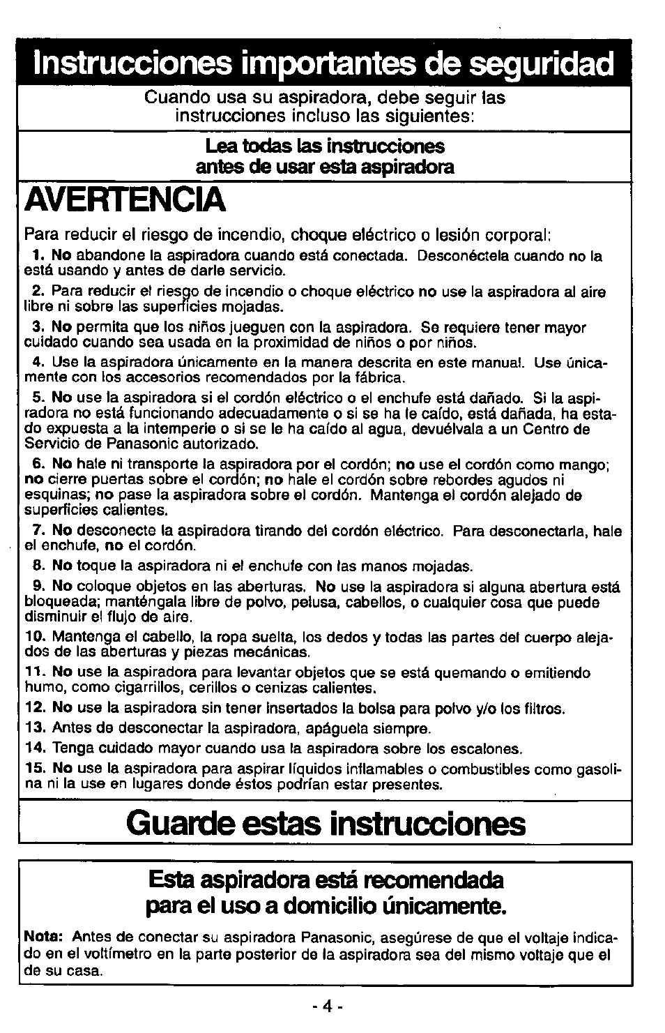 Instrucciones importantes de seguridad, Guarde estas instrucciones, Avertencia | Panasonic QUICKDRAW MC-V7377 User Manual | Page 28 / 48