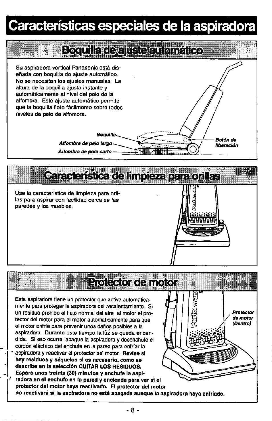 Características especiales de la aspiradora, Boquilla dé ajuste automático, Impieza para onilas | Boquilla de ajuste automático | Panasonic QUICKDRAW MC-V7377 User Manual | Page 32 / 48