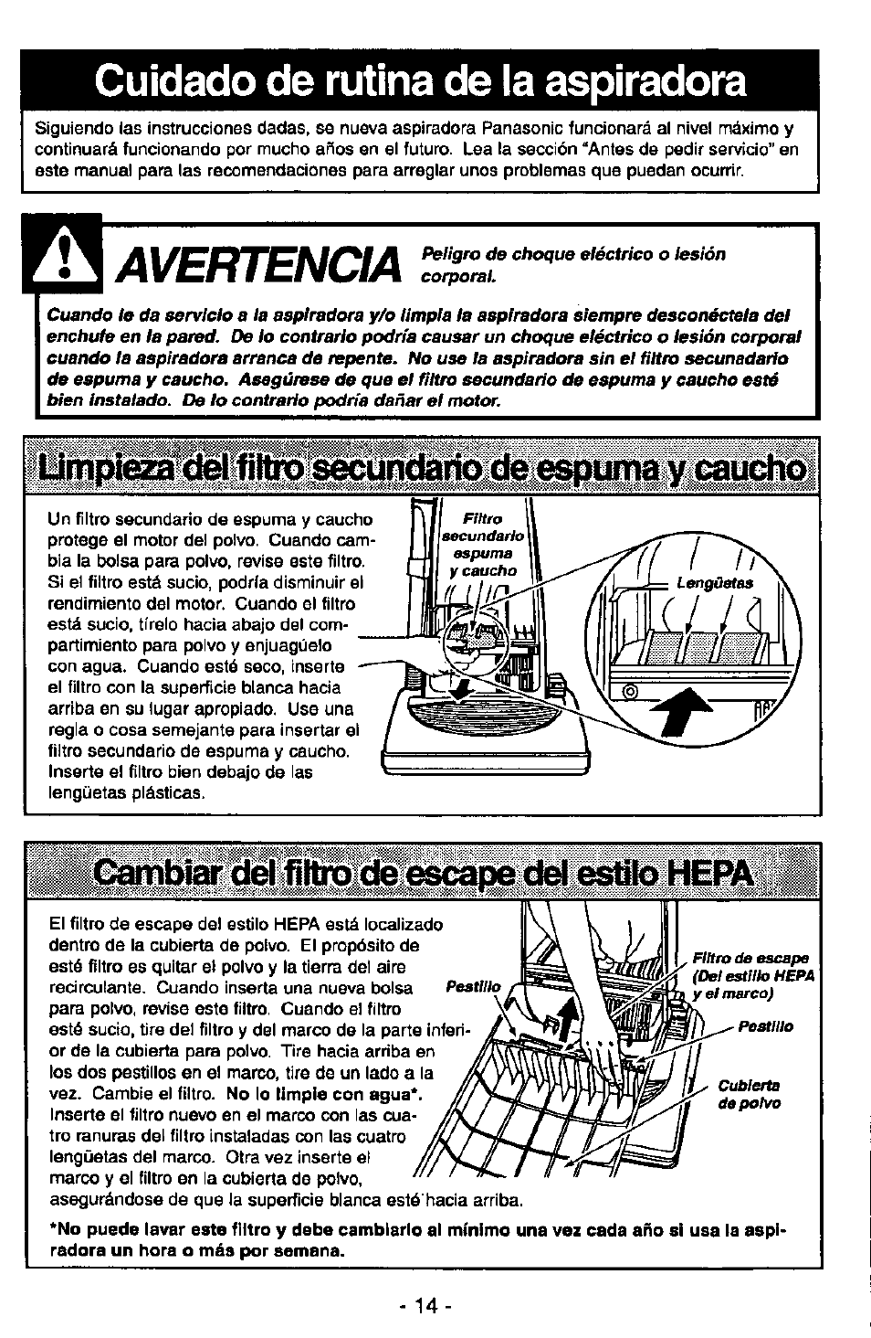 Cuidado de rutina de la aspiradora, Avertencia | Panasonic QUICKDRAW MC-V7377 User Manual | Page 38 / 48