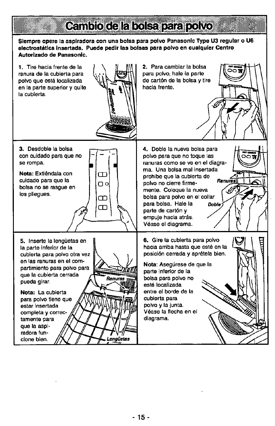 Cambio de la bolsa f»ra polvo | Panasonic QUICKDRAW MC-V7377 User Manual | Page 39 / 48