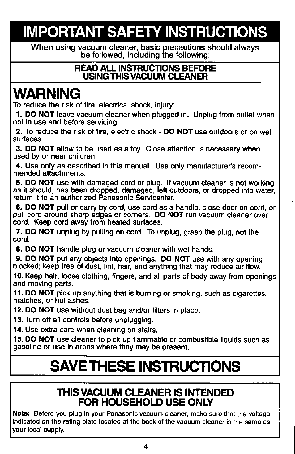 Important safety instructions, Warning, Save these instructions | Panasonic QUICKDRAW MC-V7377 User Manual | Page 4 / 48