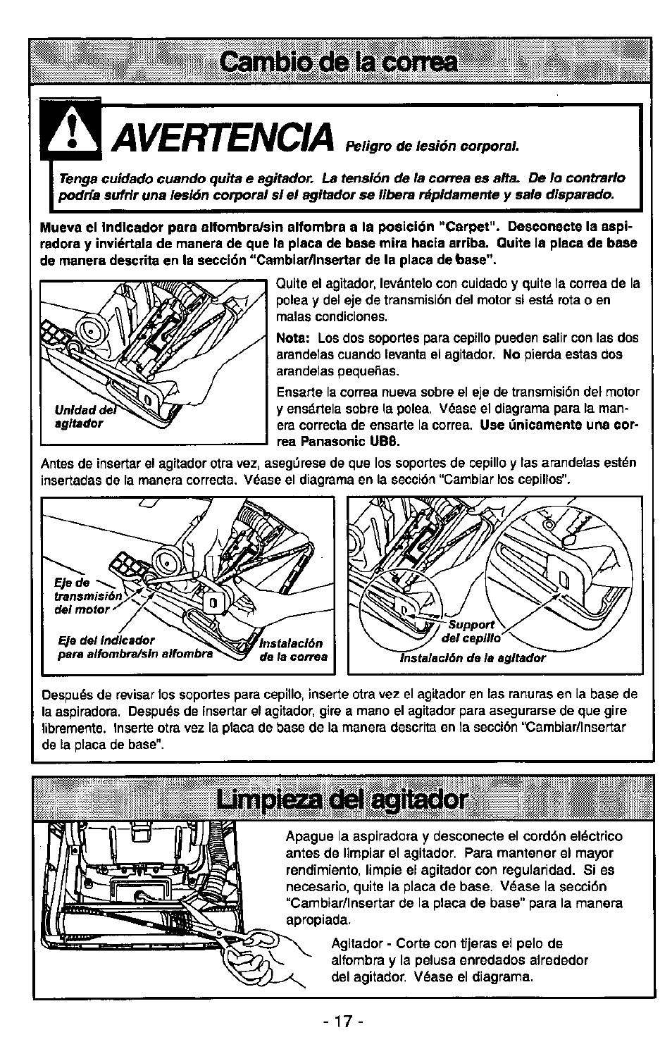 Avertencia, Cambio (i© i© c50it68 r, Limpieza del aqitador | Panasonic QUICKDRAW MC-V7377 User Manual | Page 41 / 48