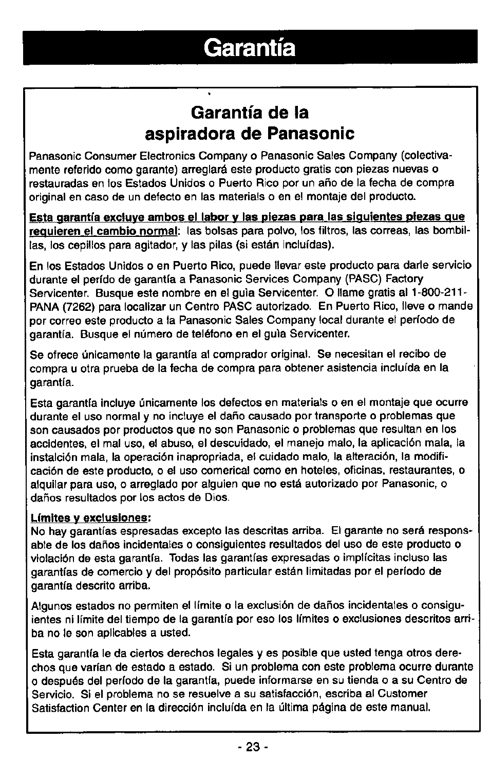 Garantía, Garantía de la aspiradora de panasonic | Panasonic QUICKDRAW MC-V7377 User Manual | Page 47 / 48
