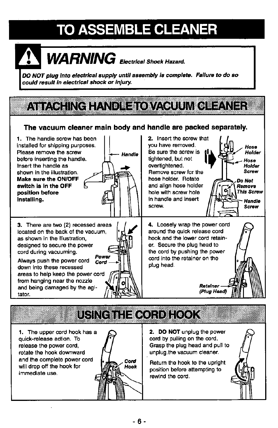 To assemble cleaner, Warning, Vacuum | Panasonic QUICKDRAW MC-V7377 User Manual | Page 6 / 48