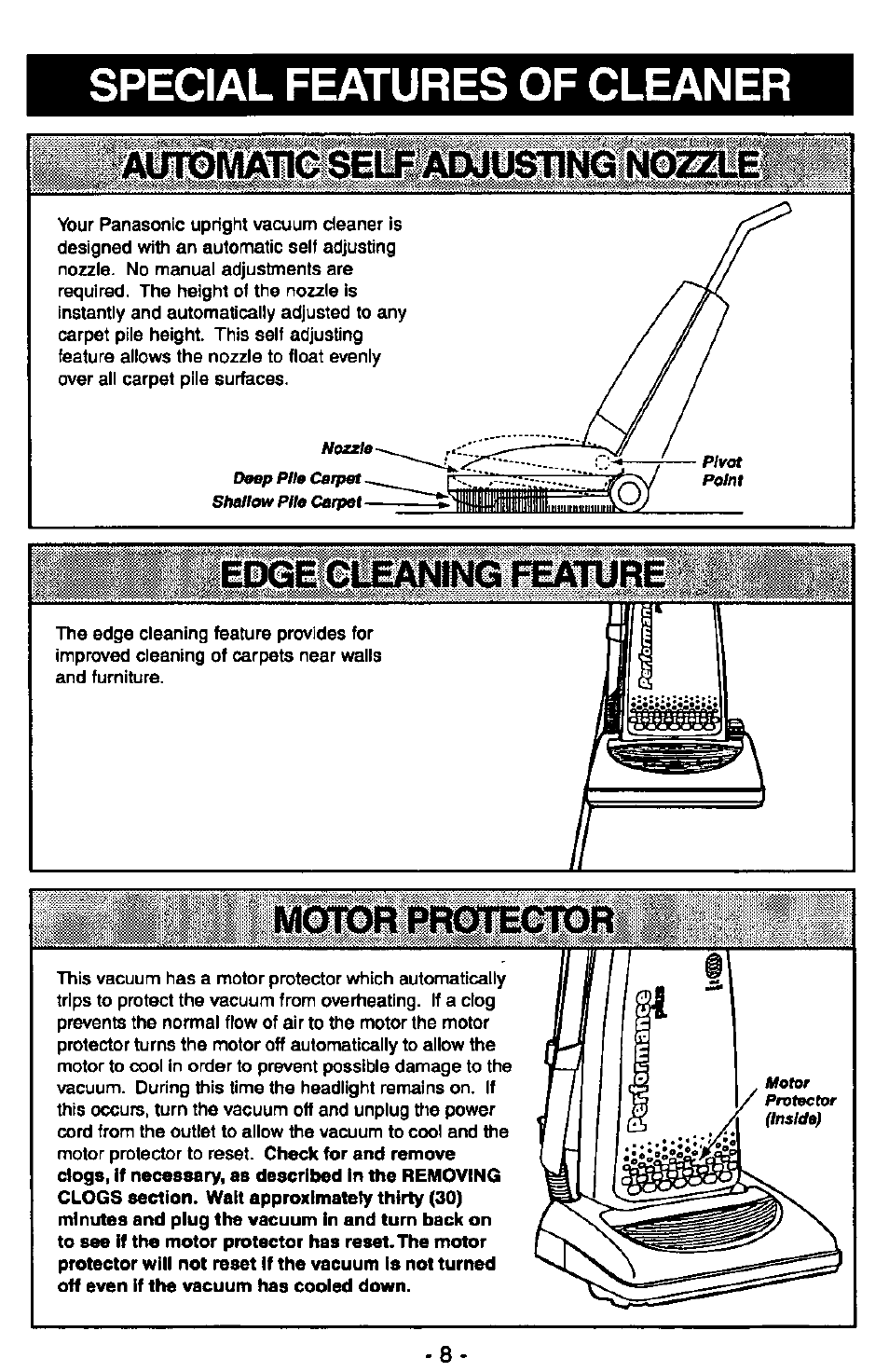 Special features of cleaner, Edge cleaning feature, Mqftdr protcctor | I my- if | Panasonic QUICKDRAW MC-V7377 User Manual | Page 8 / 48