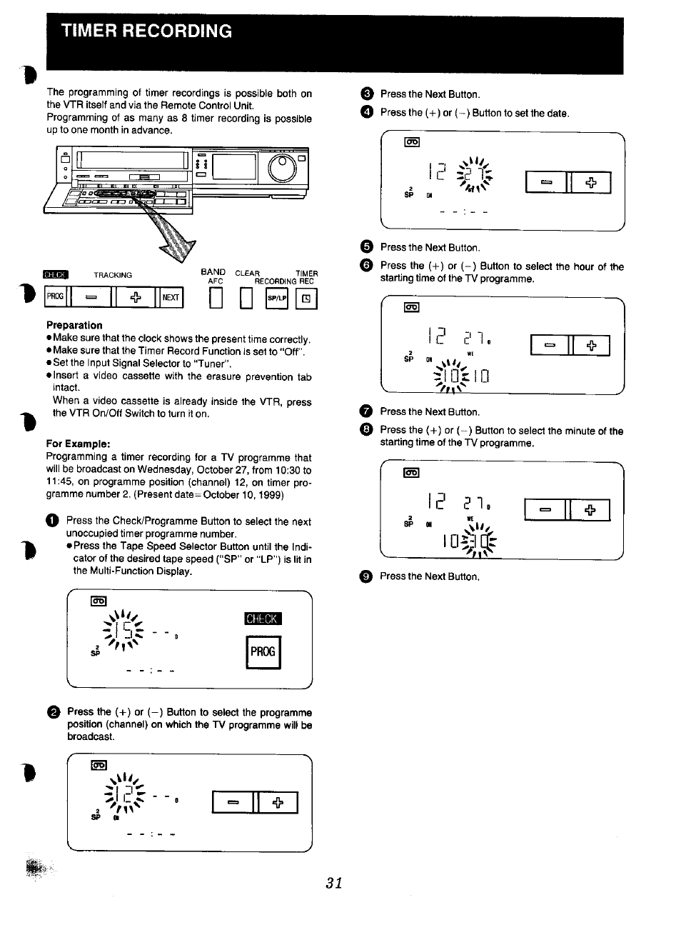 Timer recording, Preparation, For example | Prog | Panasonic NV-F70EA User Manual | Page 31 / 51