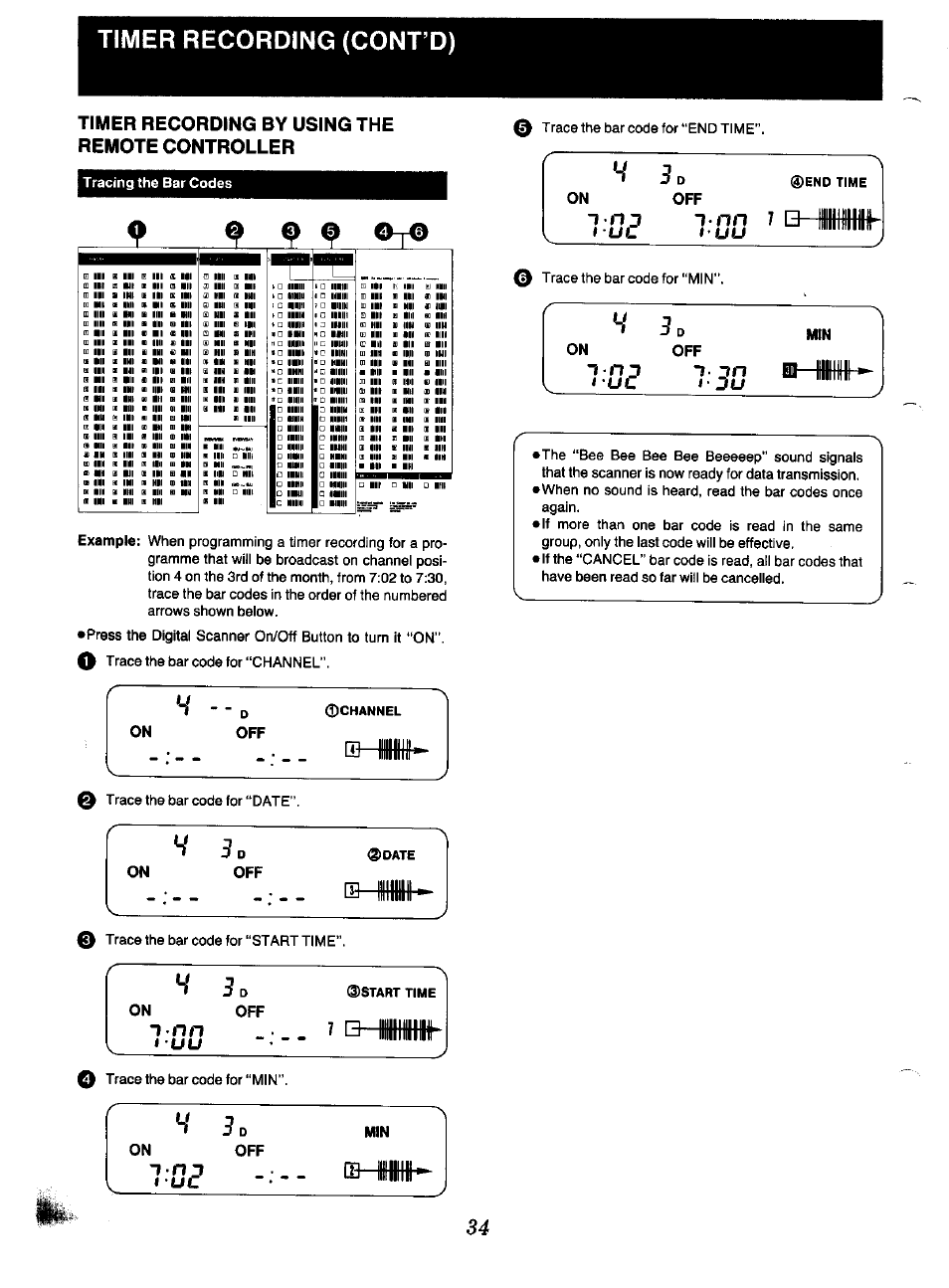 Timer recording by using the remote controller, On off, 7 & iillf | Timer recording (cont’d), Lij mu ii, Tracing the bar codes, 0 trace the bar code for “min, Example, Finii, Lili | Panasonic NV-F70EA User Manual | Page 34 / 51