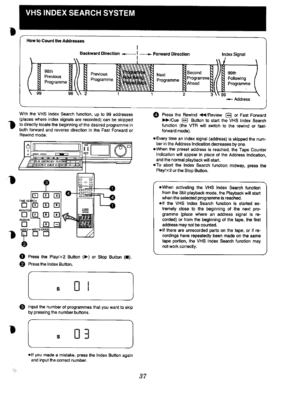 Vhs index search system, How to count the addresses, Cd s cd cd pa cd el | Panasonic NV-F70EA User Manual | Page 37 / 51