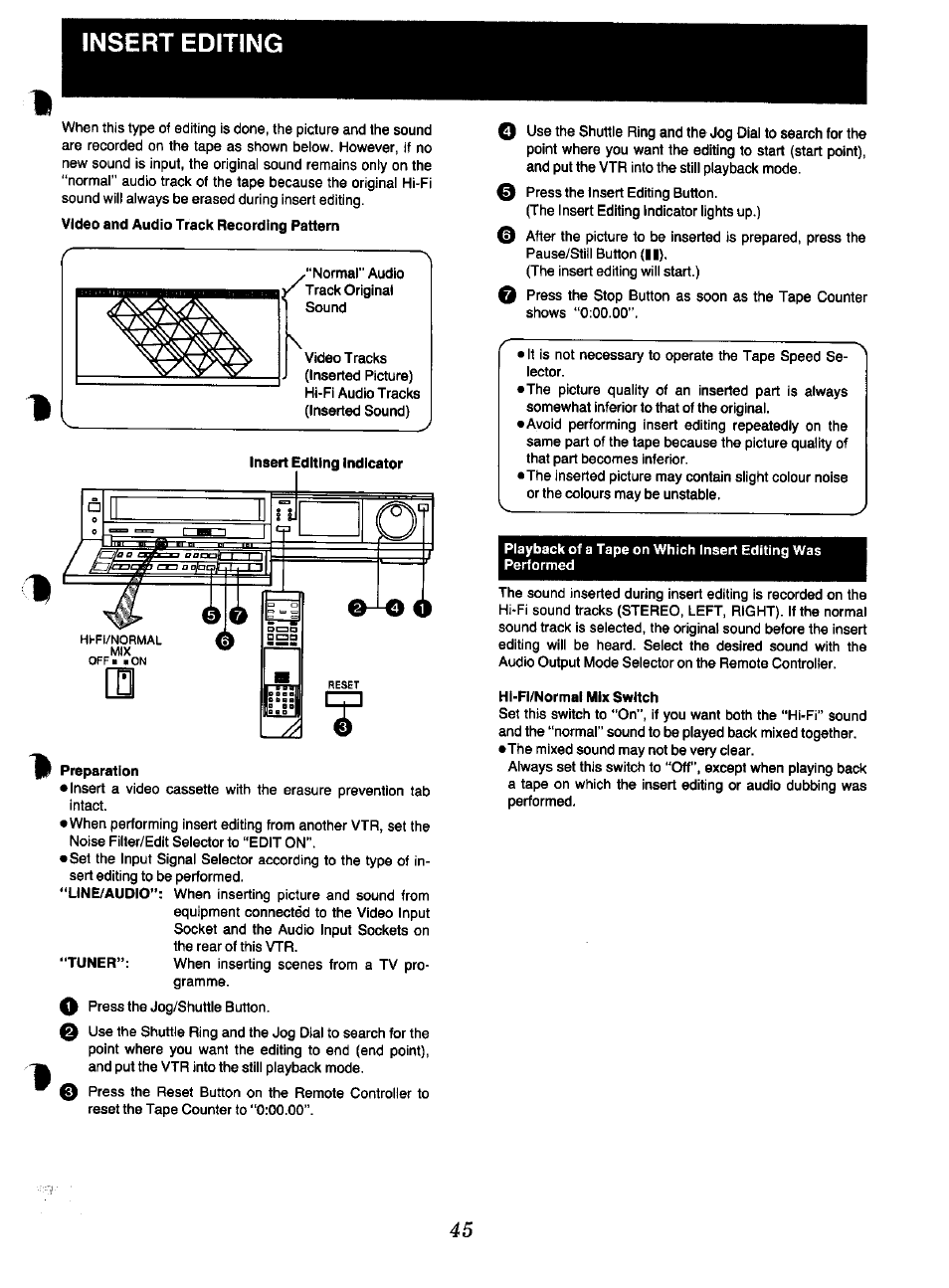 Insert editing, Preparation, Hi-fi/normal mix switch | Panasonic NV-F70EA User Manual | Page 45 / 51