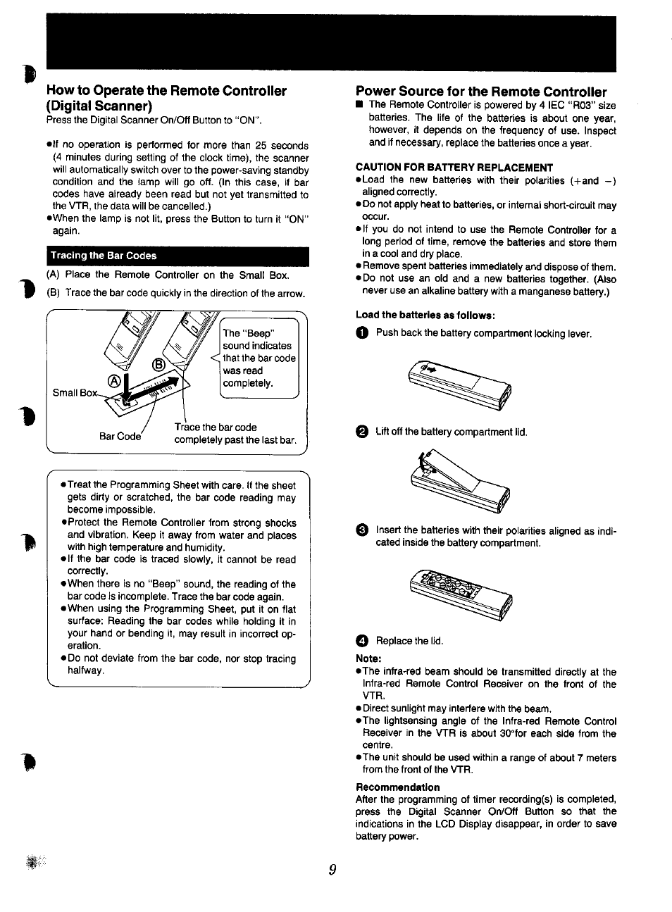 Power source for the remote controller, Caution for battery replacement, Load the batteries as follows | Note, Recommendation | Panasonic NV-F70EA User Manual | Page 9 / 51
