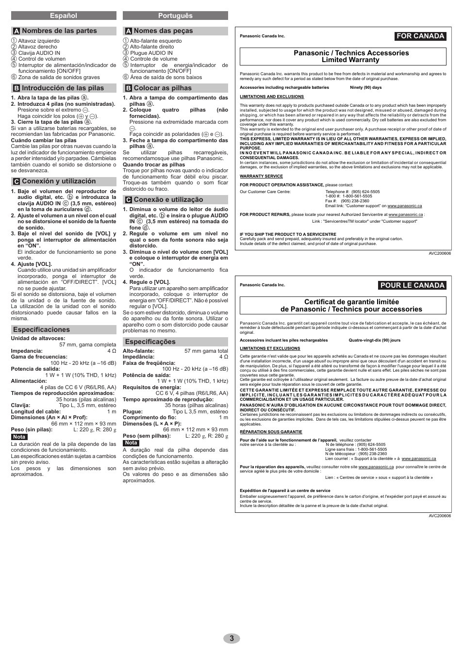 For canada, Panasonic / technics accessories limited warranty, Pour le canada | Español português nombres de las partes, Introducción de las pilas, Conexión y utilización, Especificaciones, Nomes das peças, Colocar as pilhas, Conexão e utilização | Panasonic RP-SP38 User Manual | Page 3 / 4