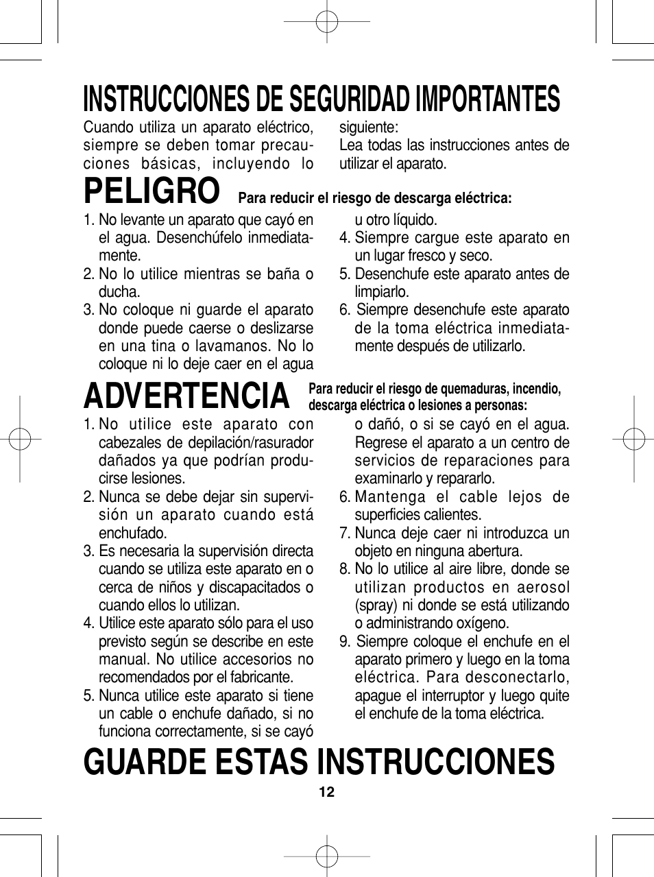 Instrucciones de seguridad importantes, Peligro, Guarde estas instrucciones | Advertencia | Panasonic ES2015 User Manual | Page 12 / 20