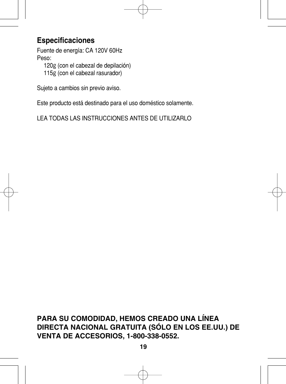 Especificaciones | Panasonic ES2015 User Manual | Page 19 / 20