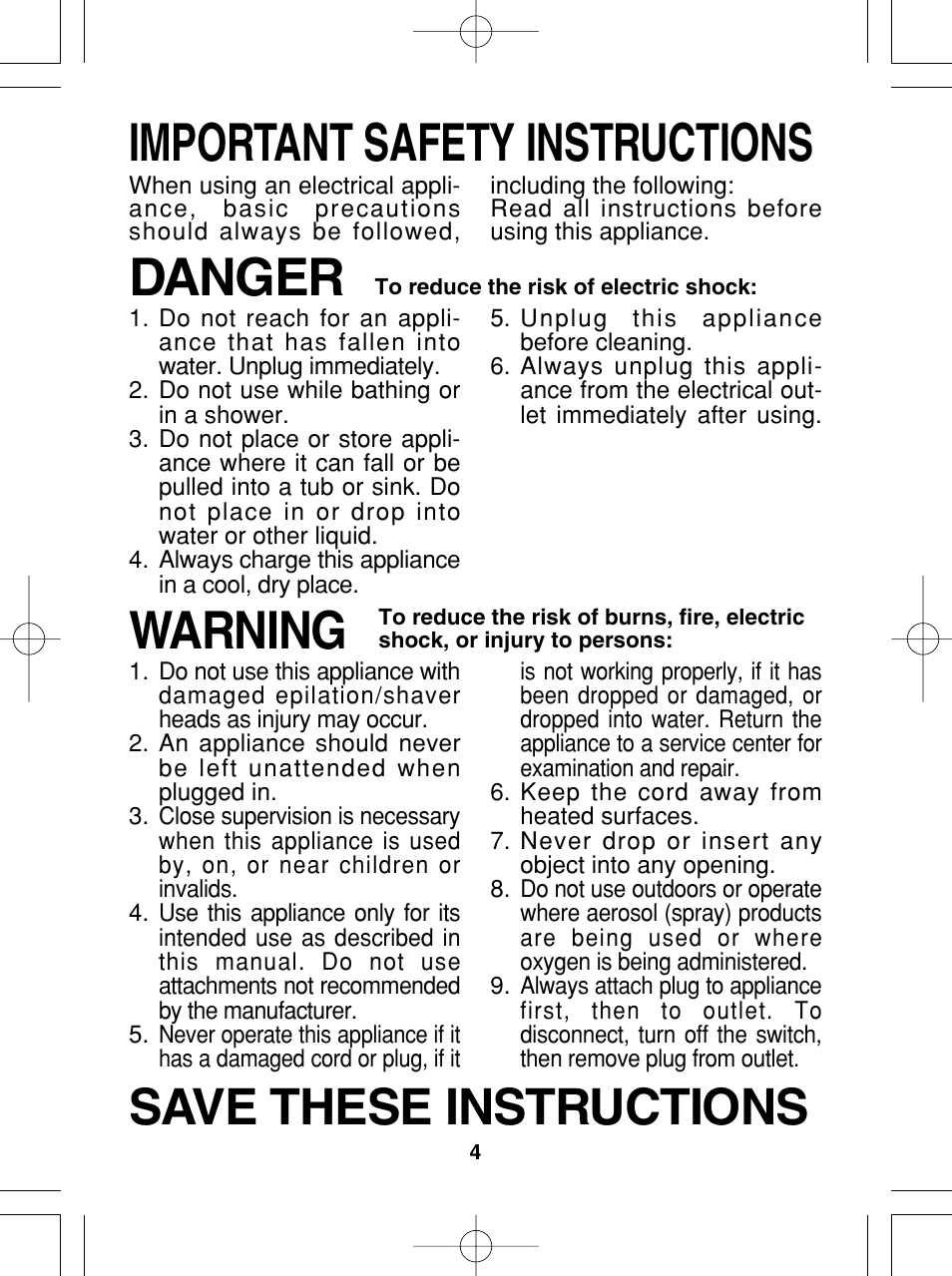 Important safety instructions warning, Danger, Save these instructions | Panasonic ES2015 User Manual | Page 4 / 20