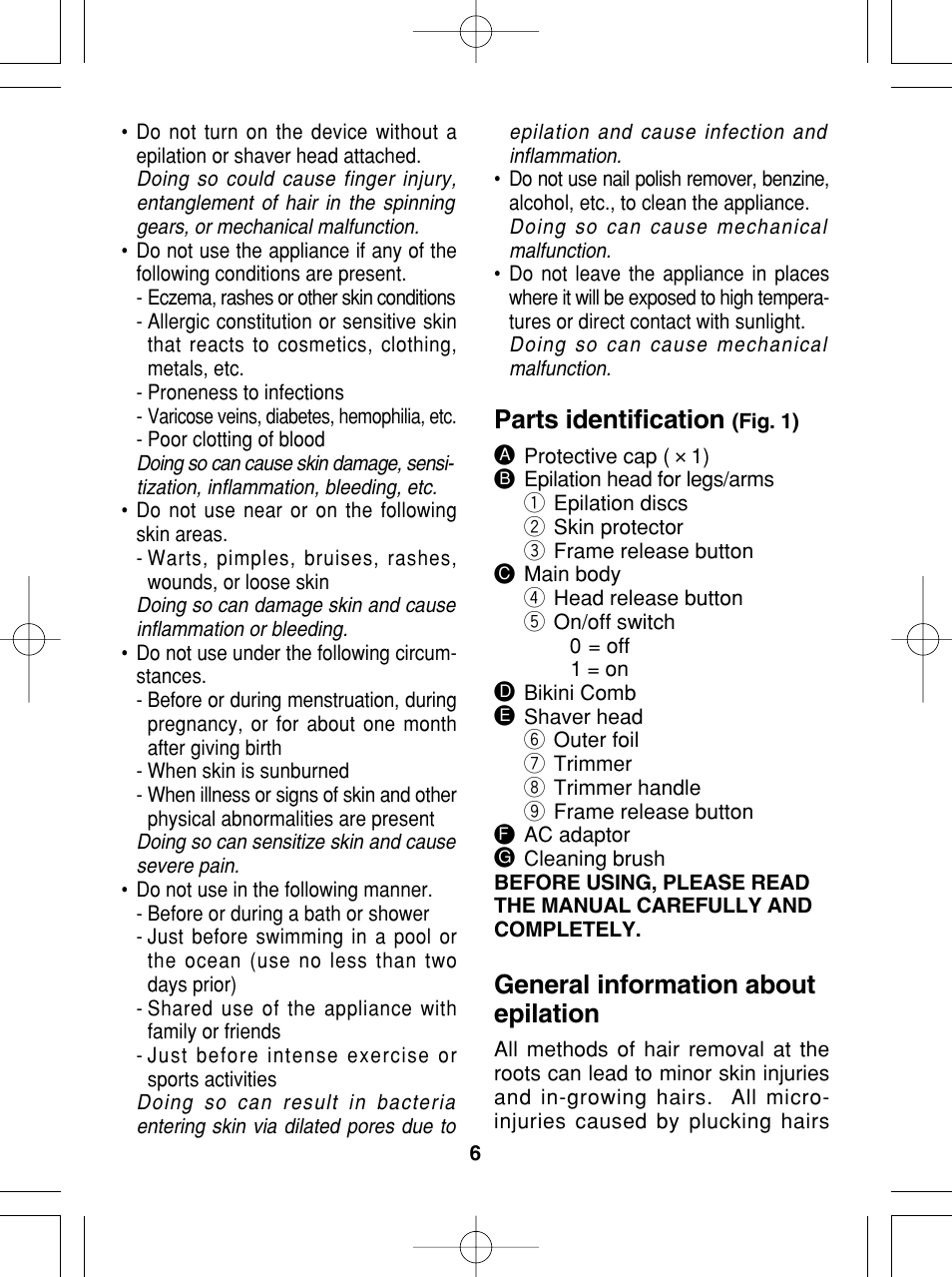 Parts identification, General information about epilation | Panasonic ES2015 User Manual | Page 6 / 20