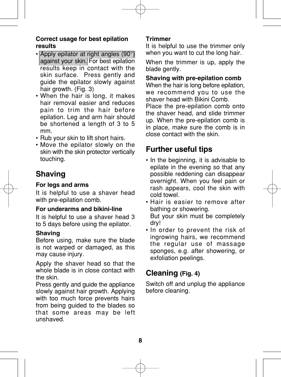 Shaving, Further useful tips, Cleaning | Panasonic ES2015 User Manual | Page 8 / 20