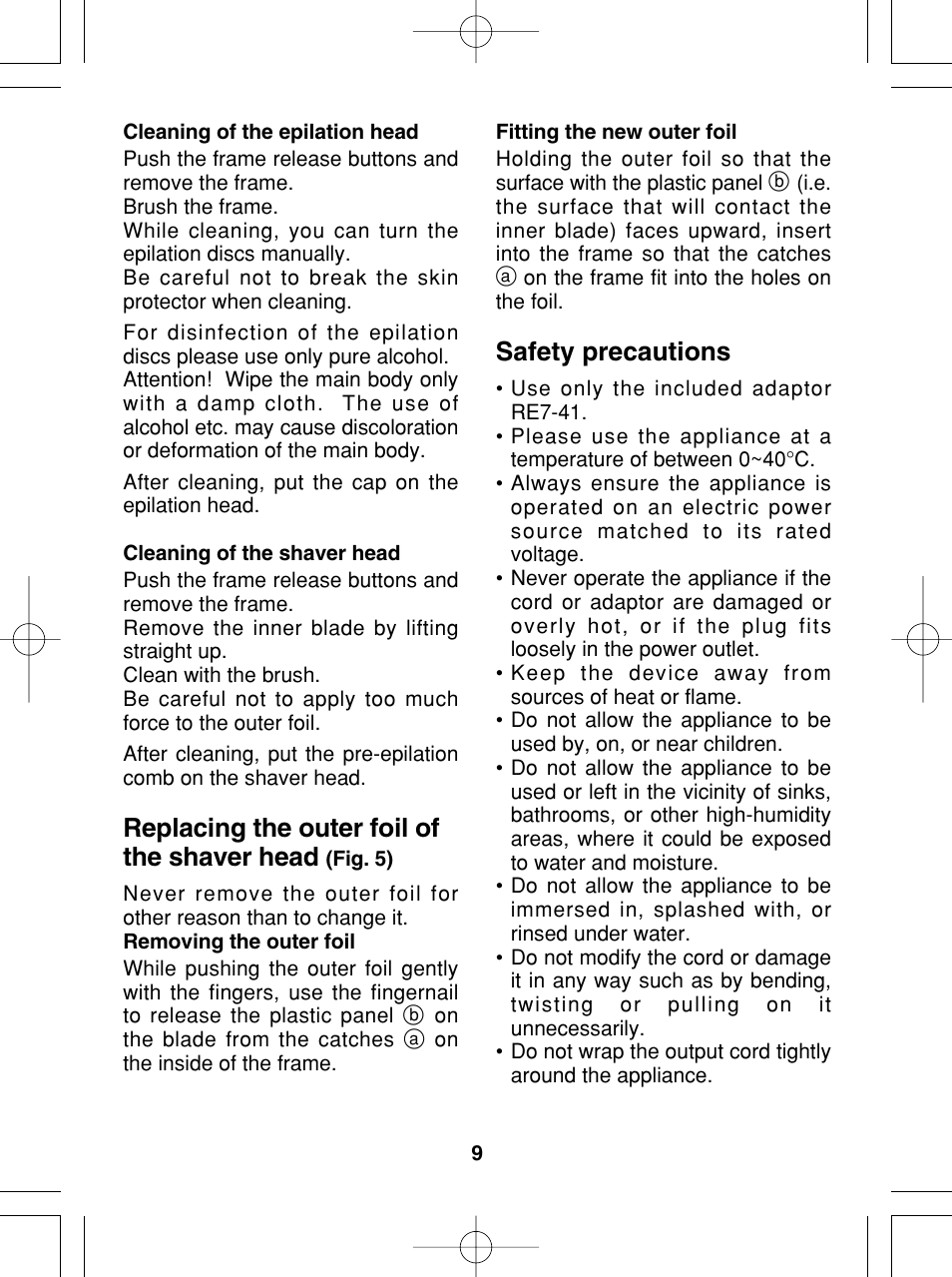 Replacing the outer foil of the shaver head, Safety precautions | Panasonic ES2015 User Manual | Page 9 / 20