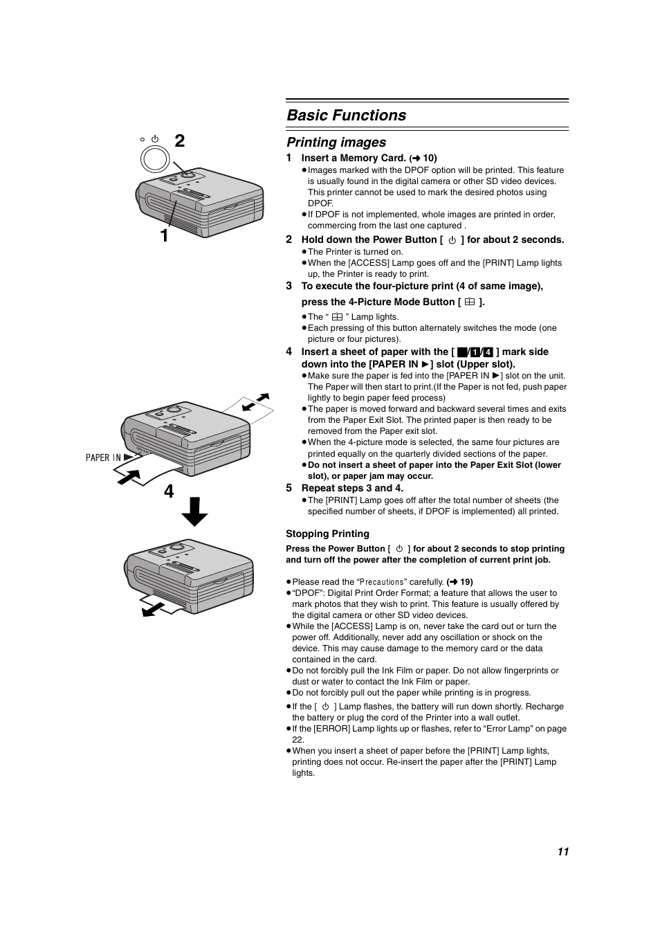 Basic functions, Printing images | Panasonic SV-P10U User Manual | Page 11 / 28