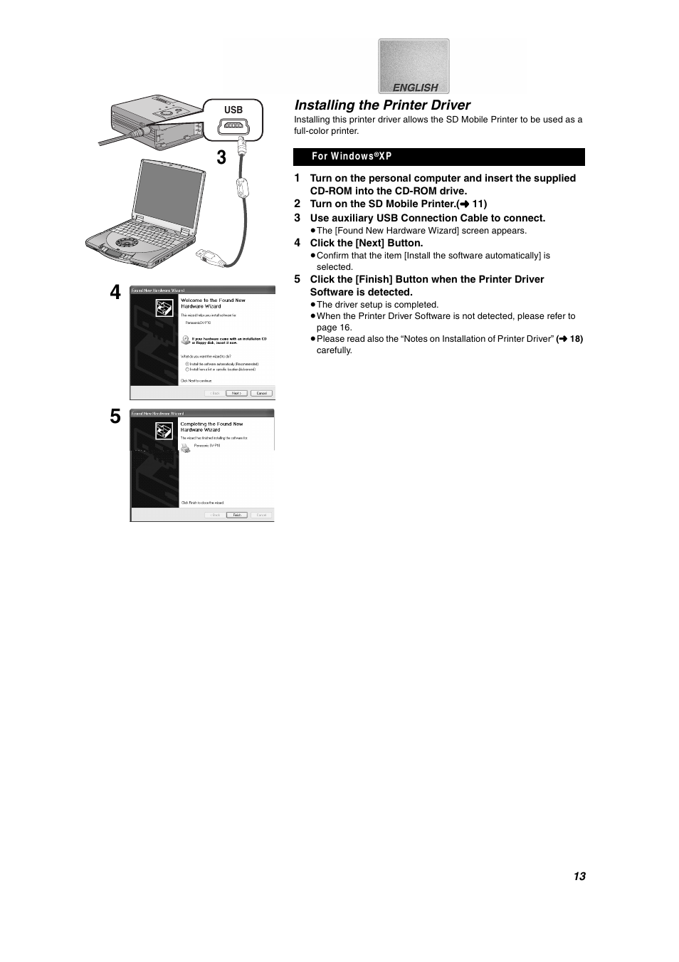 Installing the printer driver | Panasonic SV-P10U User Manual | Page 13 / 28