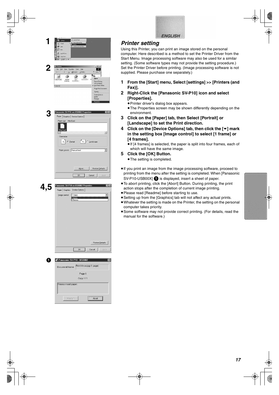 Printer setting | Panasonic SV-P10U User Manual | Page 17 / 28