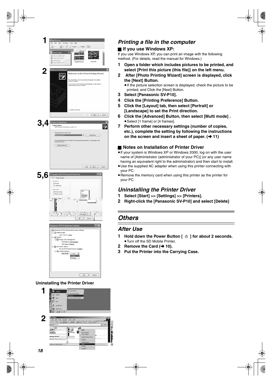 Printing a file in the computer, Uninstalling the printer driver, Others | After use | Panasonic SV-P10U User Manual | Page 18 / 28