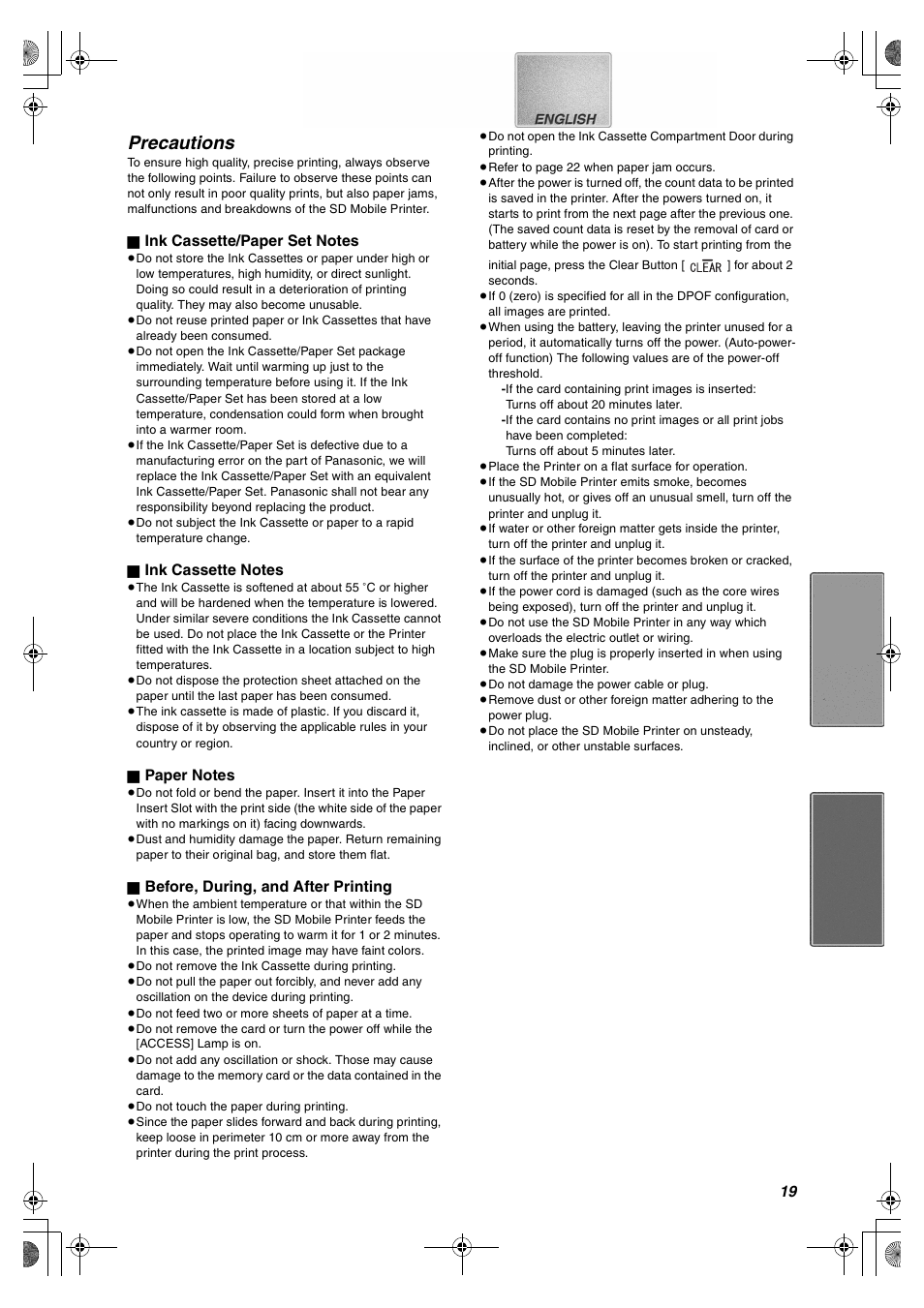 Precautions | Panasonic SV-P10U User Manual | Page 19 / 28