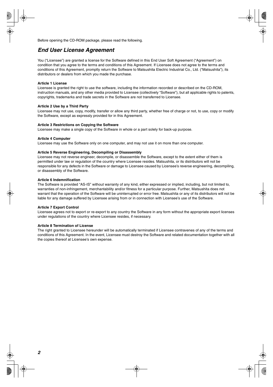 End user license agreement | Panasonic SV-P10U User Manual | Page 2 / 28