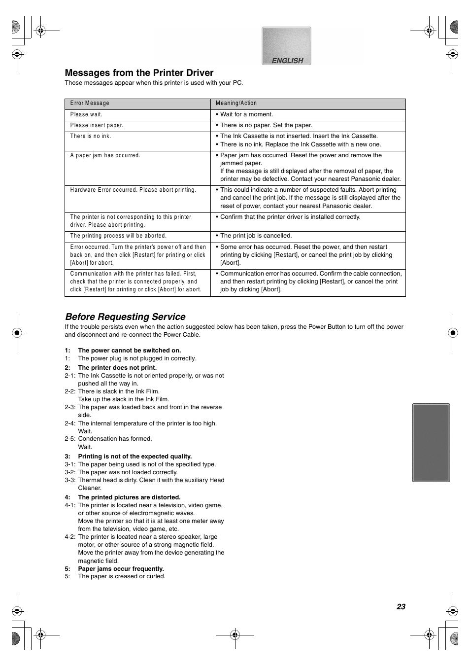 Messages from the printer driver, Before requesting service | Panasonic SV-P10U User Manual | Page 23 / 28