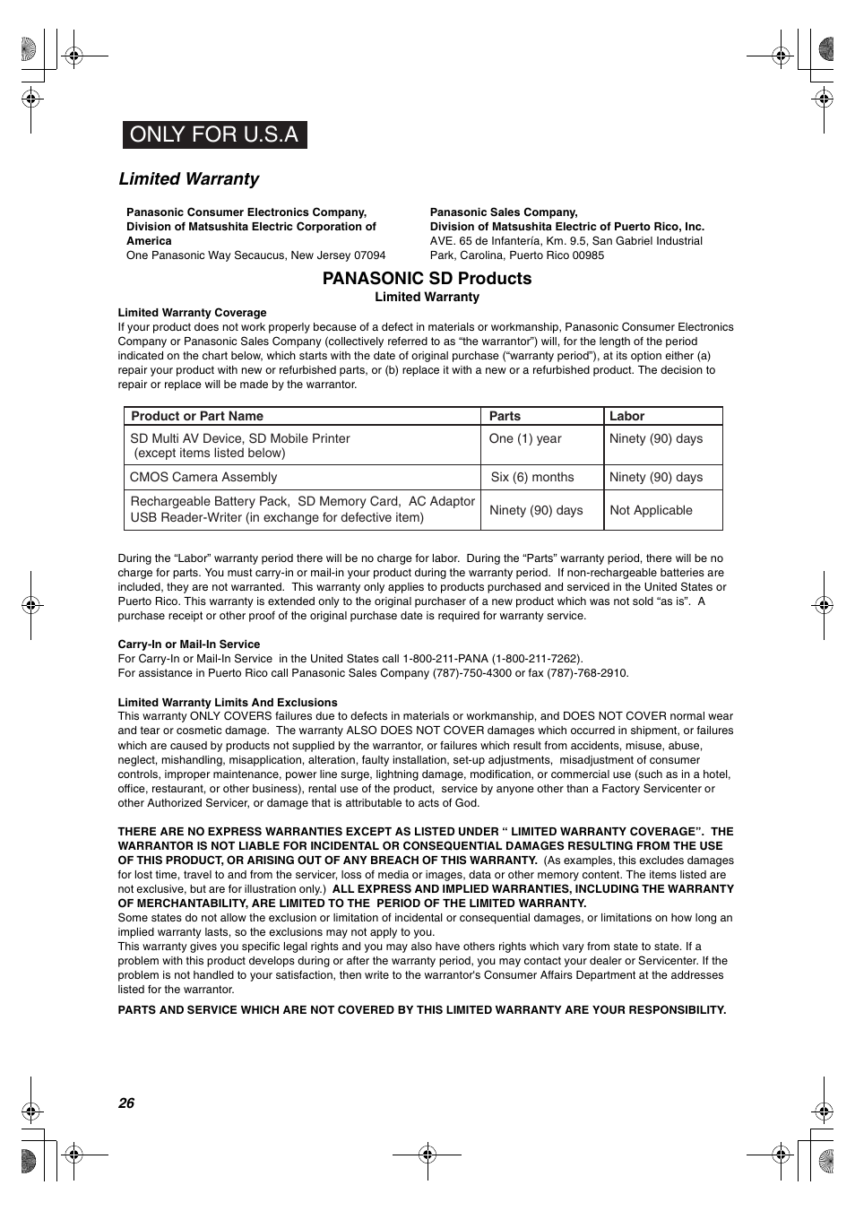 Limited warranty, Only for u.s.a, Limited warranty panasonic sd products | Panasonic SV-P10U User Manual | Page 26 / 28