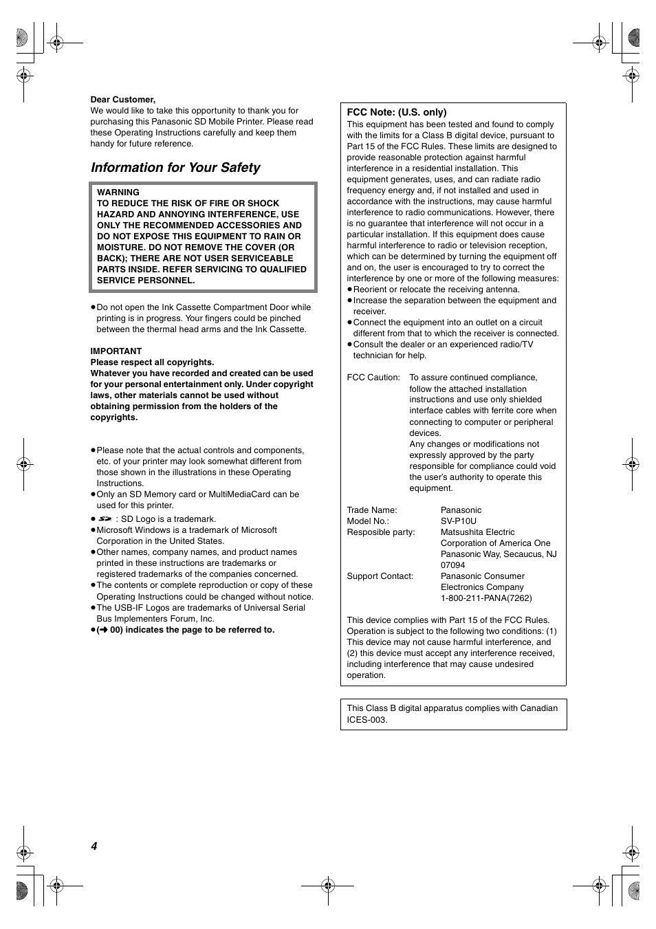 Information for your safety | Panasonic SV-P10U User Manual | Page 4 / 28