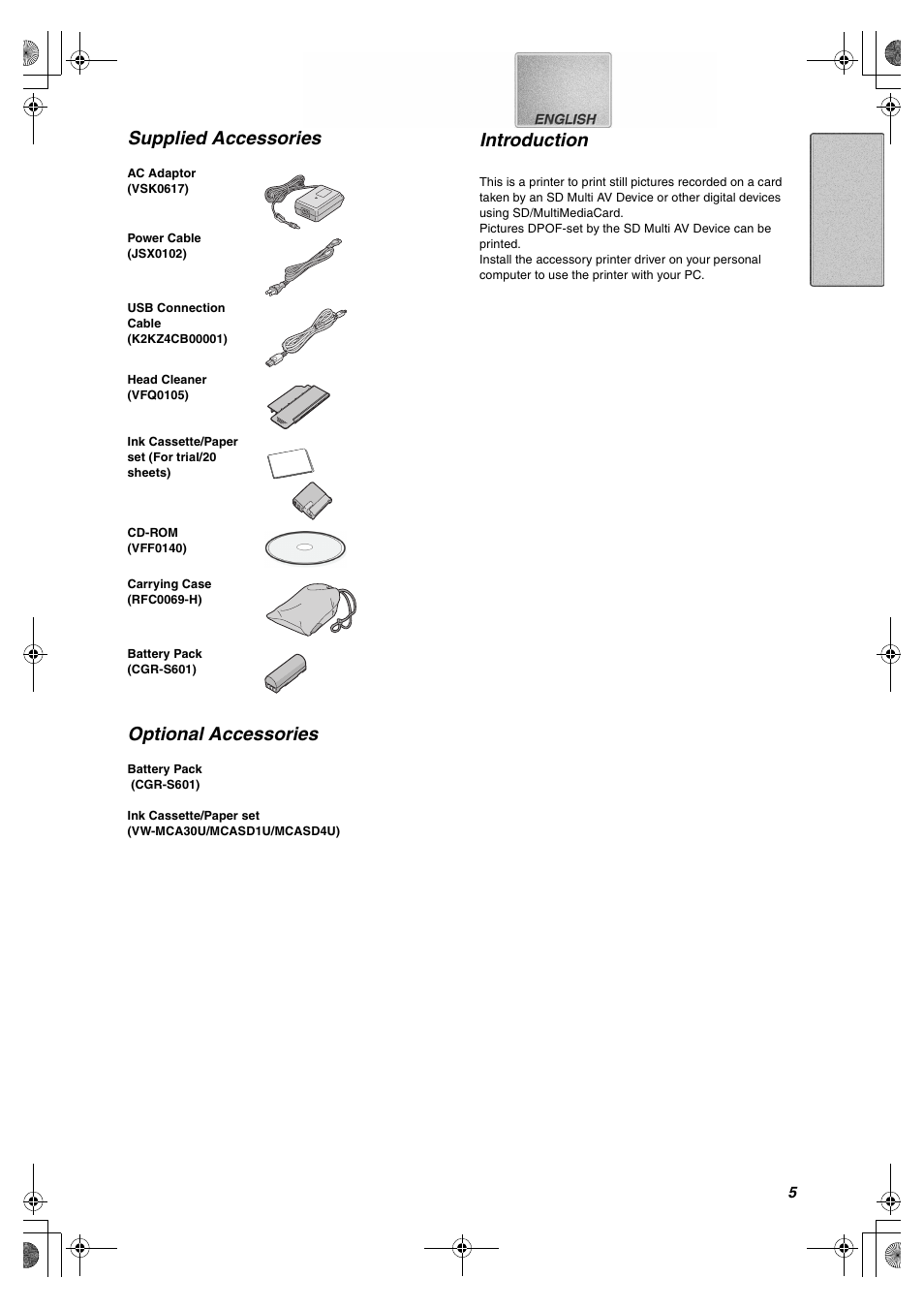 Supplied accessories, Optional accessories, Introduction | Panasonic SV-P10U User Manual | Page 5 / 28
