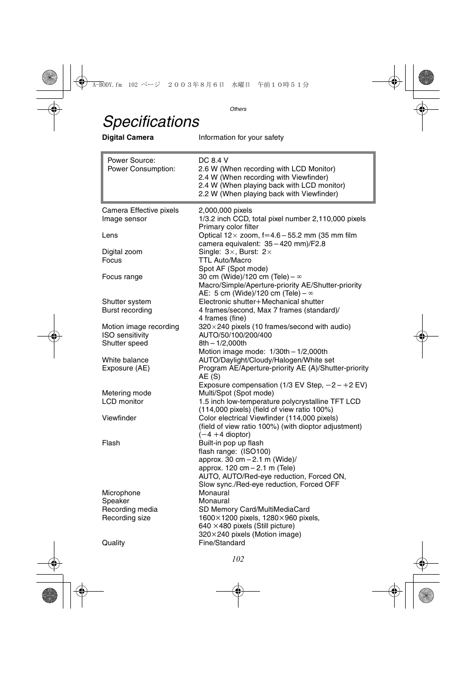 Specifications | Panasonic DMC-FZ2A User Manual | Page 102 / 104
