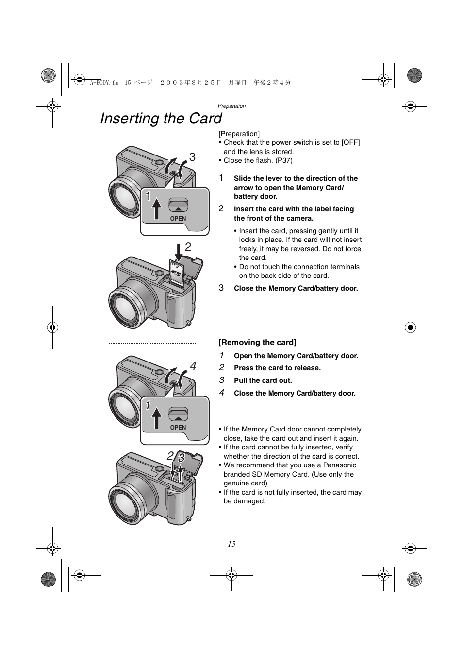Inserting the card | Panasonic DMC-FZ2A User Manual | Page 15 / 104
