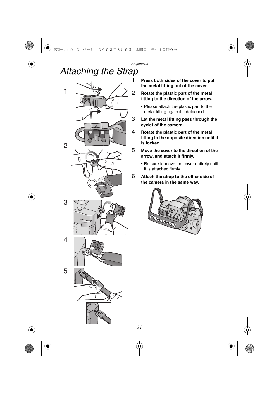 Attaching the strap | Panasonic DMC-FZ2A User Manual | Page 21 / 104