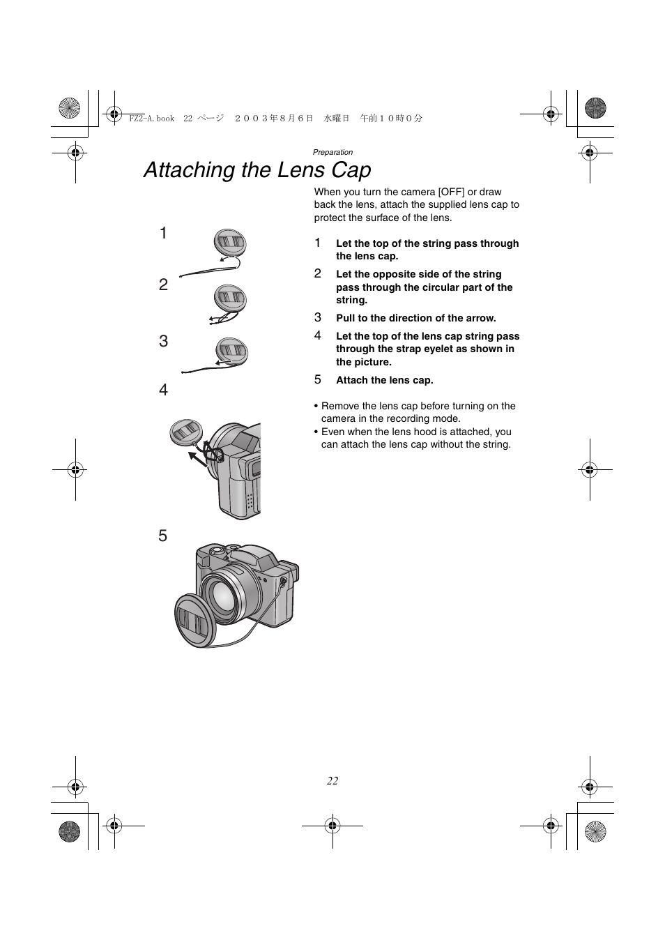 Attaching the lens cap | Panasonic DMC-FZ2A User Manual | Page 22 / 104