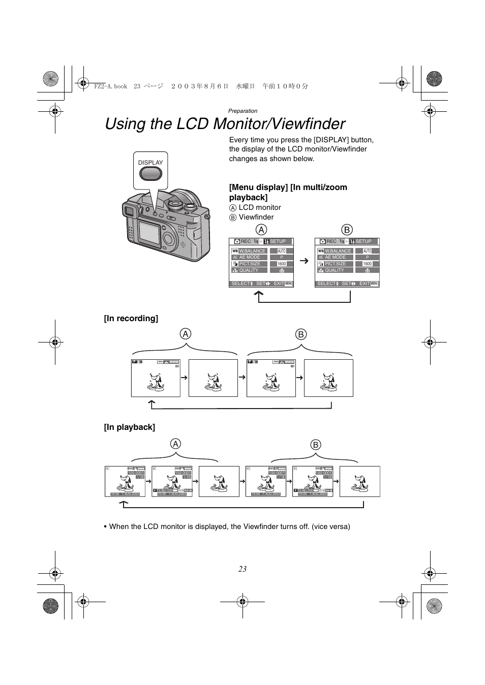 Using the lcd monitor/viewfinder, Menu display] [in multi/zoom playback, A lcd monitor b viewfinder | Panasonic DMC-FZ2A User Manual | Page 23 / 104