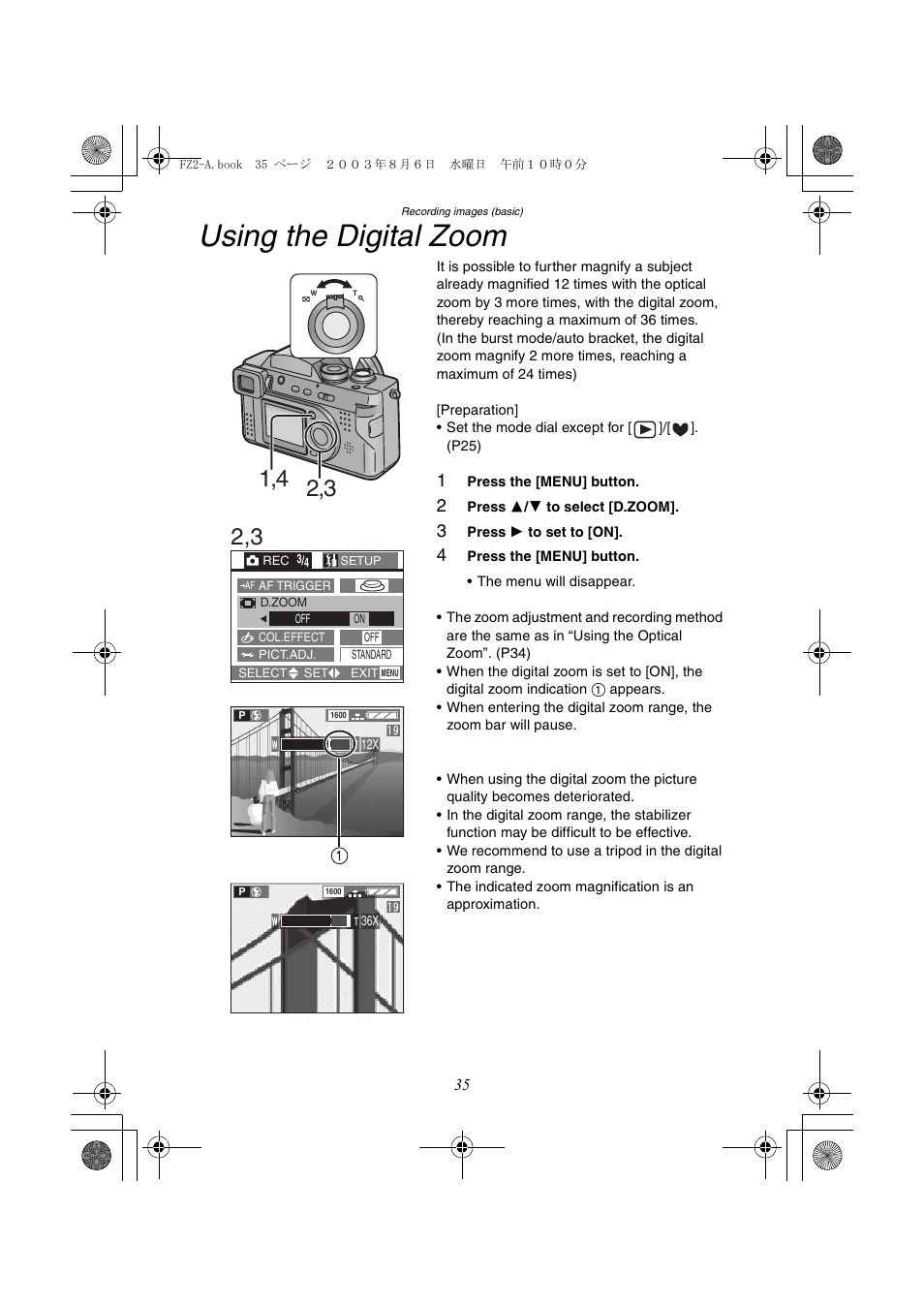 Using the digital zoom | Panasonic DMC-FZ2A User Manual | Page 35 / 104