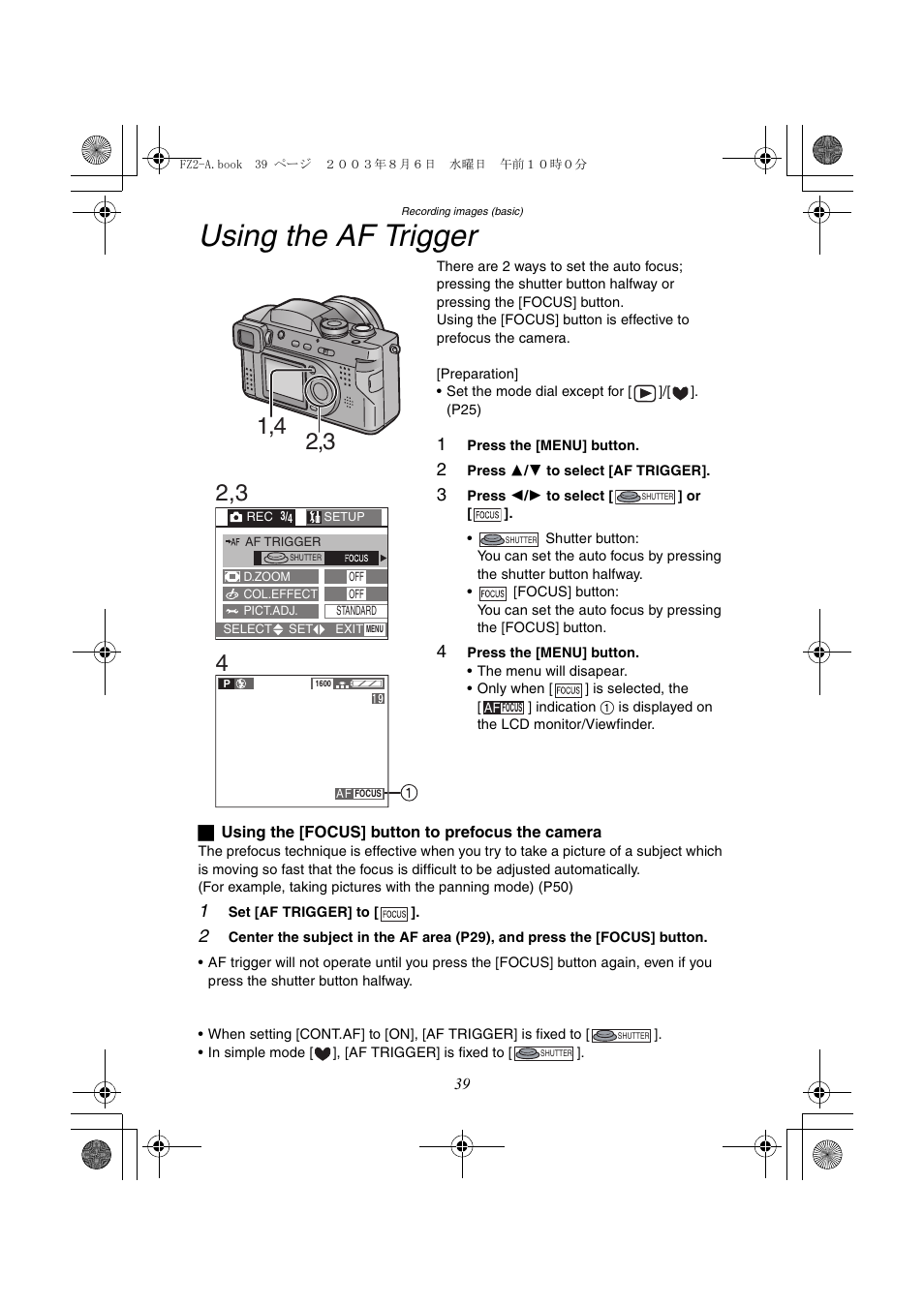 Using the af trigger | Panasonic DMC-FZ2A User Manual | Page 39 / 104