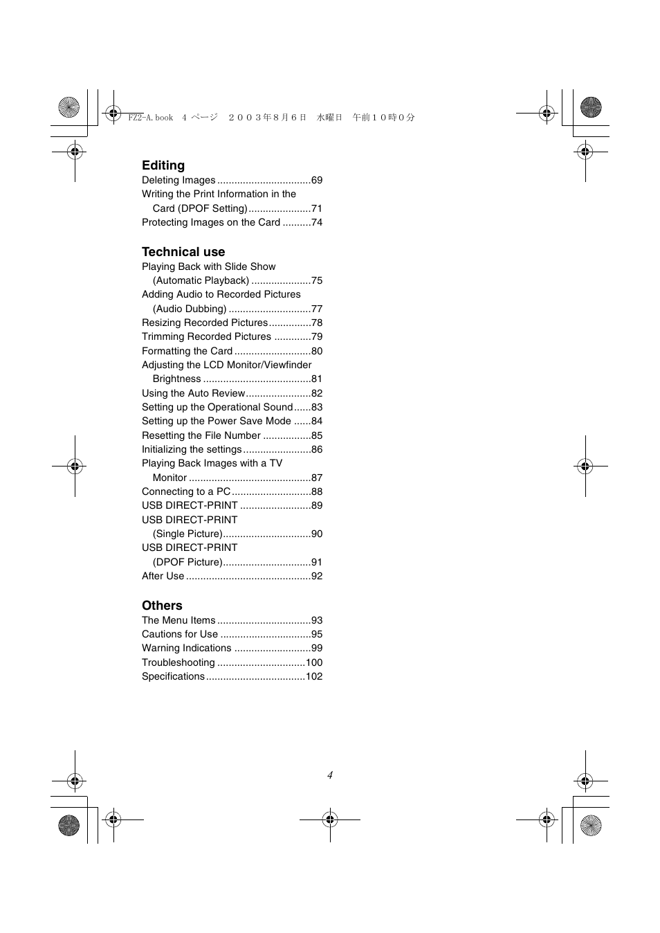 Editing, Technical use, Others | Panasonic DMC-FZ2A User Manual | Page 4 / 104