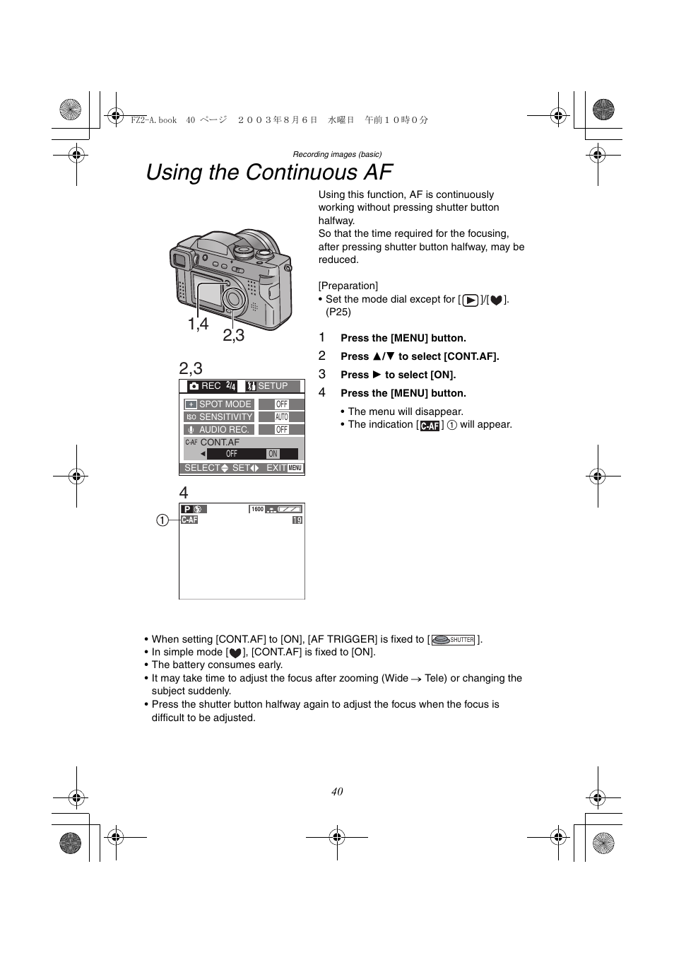 Using the continuous af | Panasonic DMC-FZ2A User Manual | Page 40 / 104