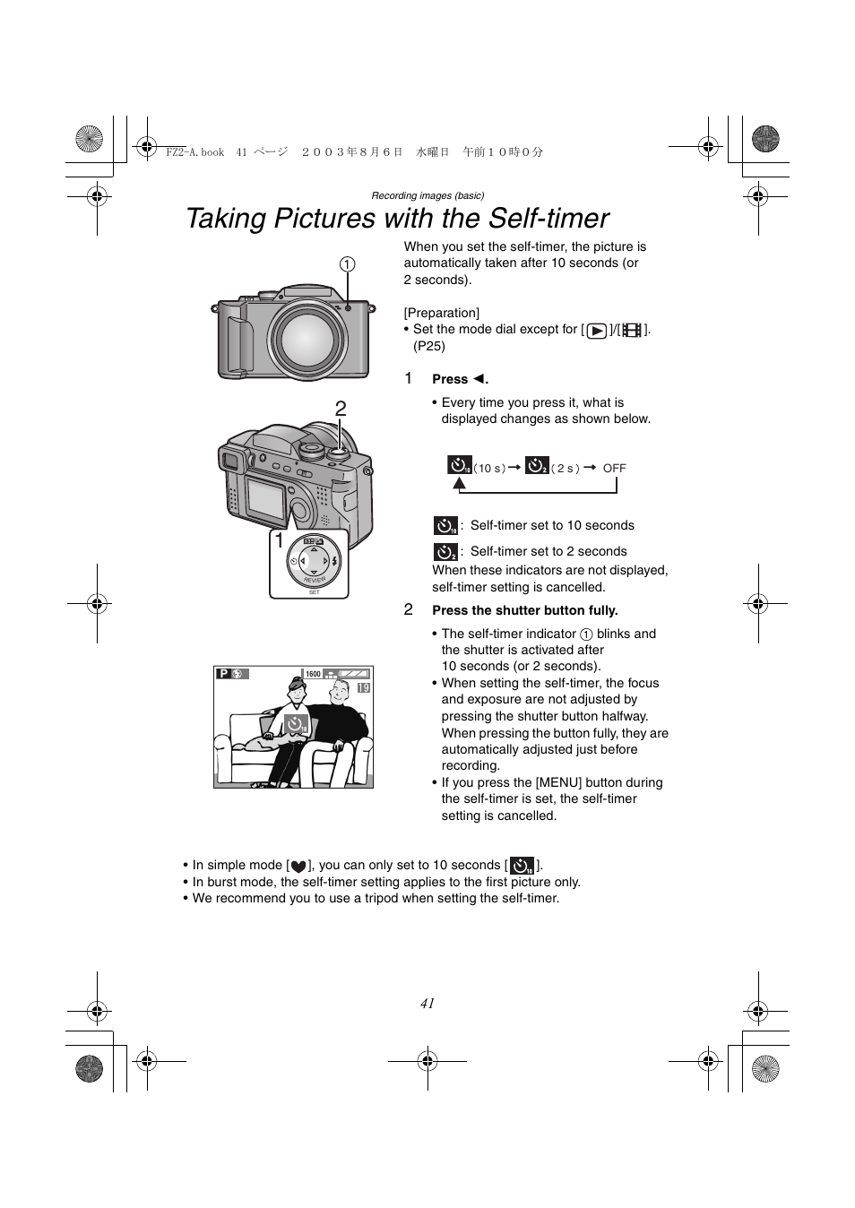 Taking pictures with the self-timer | Panasonic DMC-FZ2A User Manual | Page 41 / 104