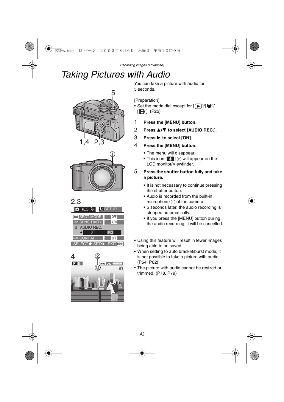 Taking pictures with audio | Panasonic DMC-FZ2A User Manual | Page 42 / 104
