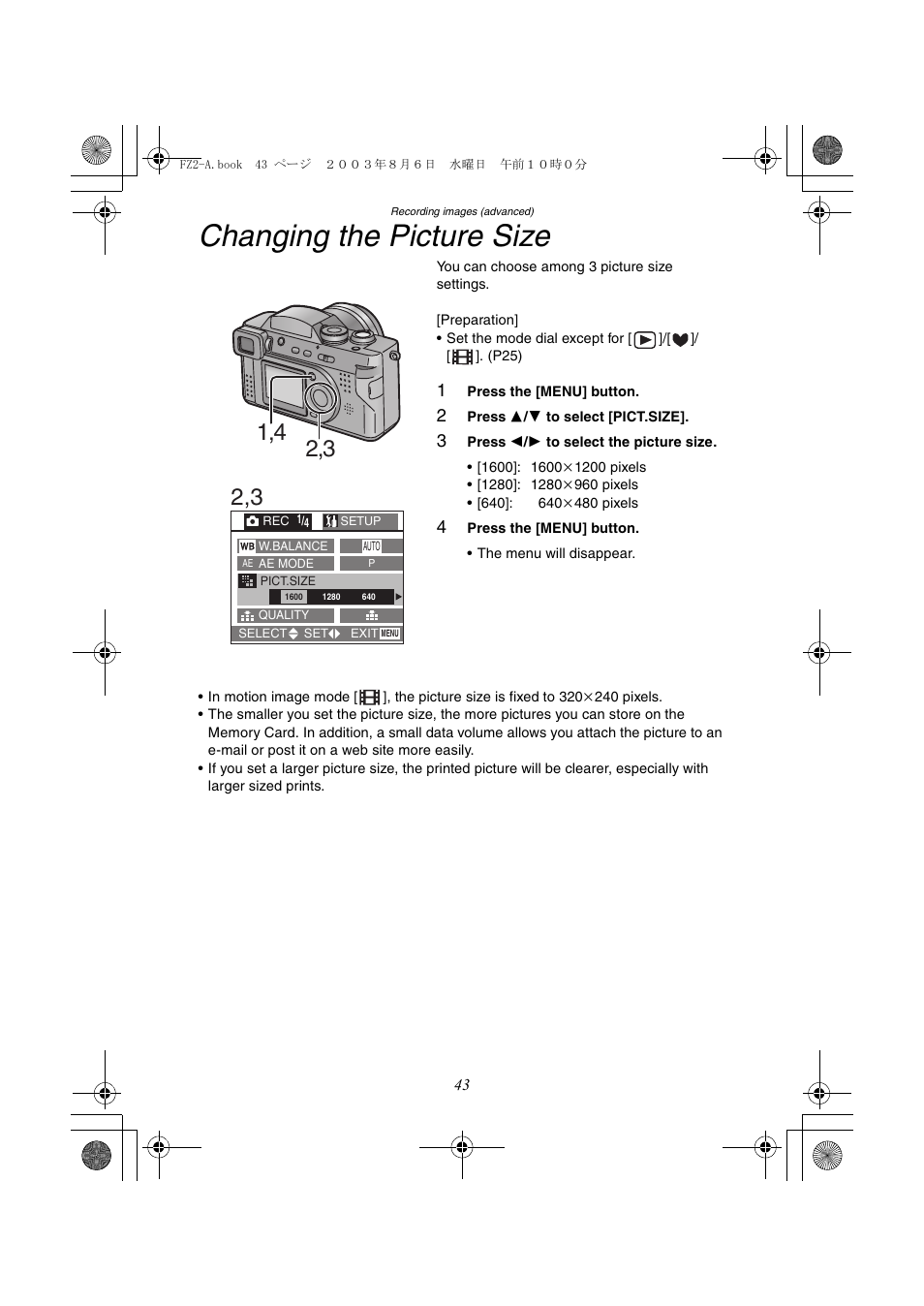 Changing the picture size | Panasonic DMC-FZ2A User Manual | Page 43 / 104