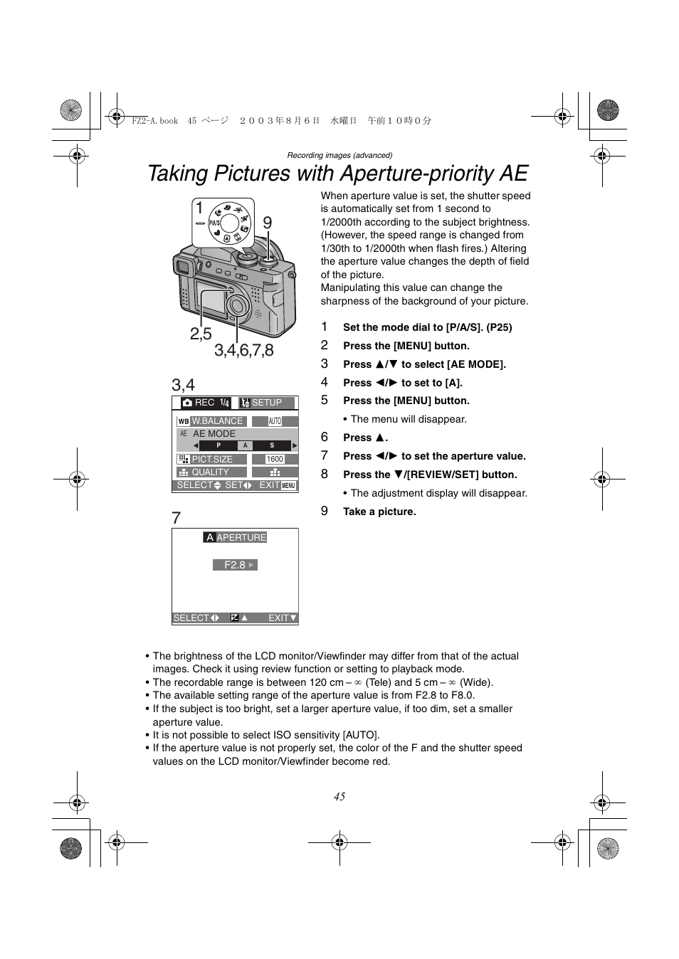 Taking pictures with aperture-priority ae | Panasonic DMC-FZ2A User Manual | Page 45 / 104