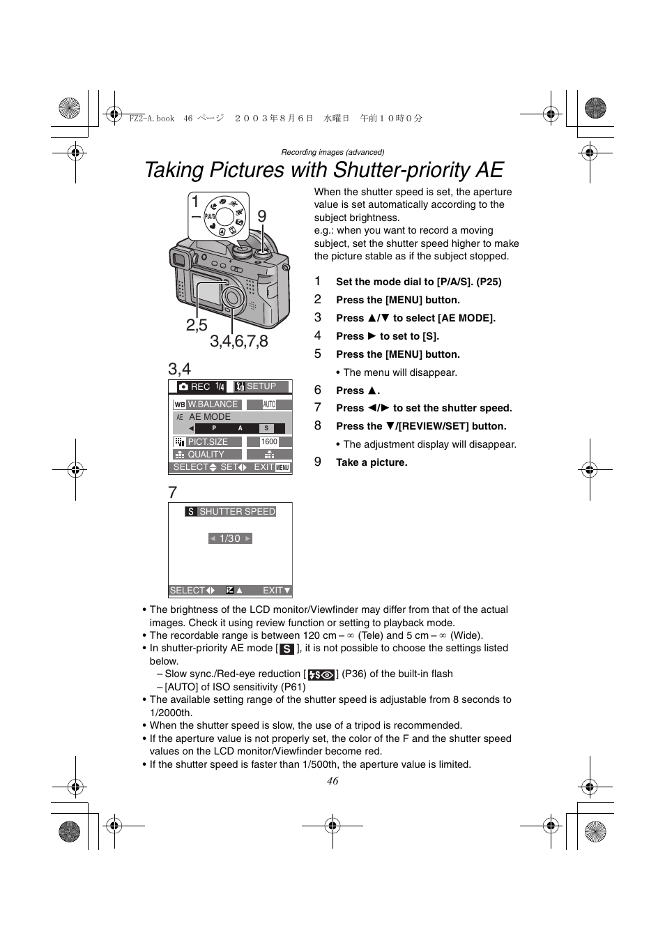 Taking pictures with shutter-priority ae | Panasonic DMC-FZ2A User Manual | Page 46 / 104