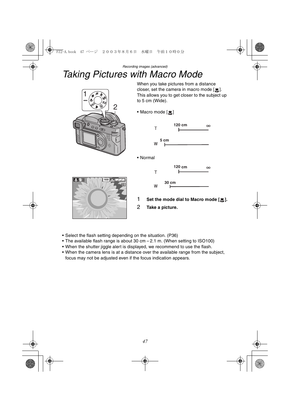 Taking pictures with macro mode | Panasonic DMC-FZ2A User Manual | Page 47 / 104